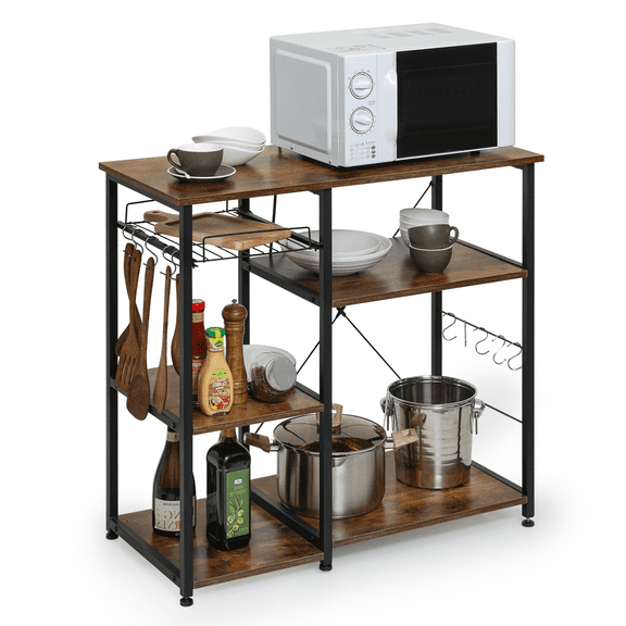 RTRWDC retro brown kitchen baking rack, microwave oven rack with hooks, MDF panel+steel frame seasoning storage rack, 35.5 "L multi-layer kitchen storage rack