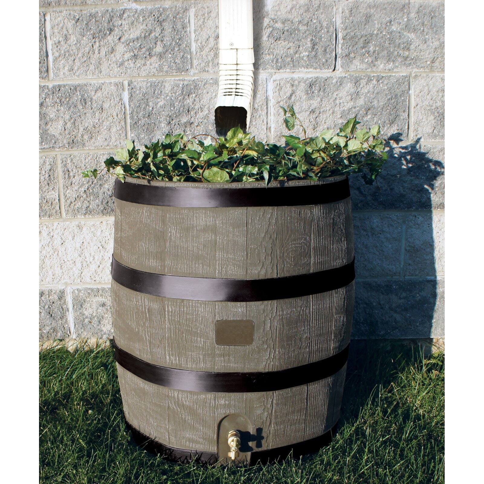 35 Gallon Dark Brown Plastic Rain Barrel with Planter