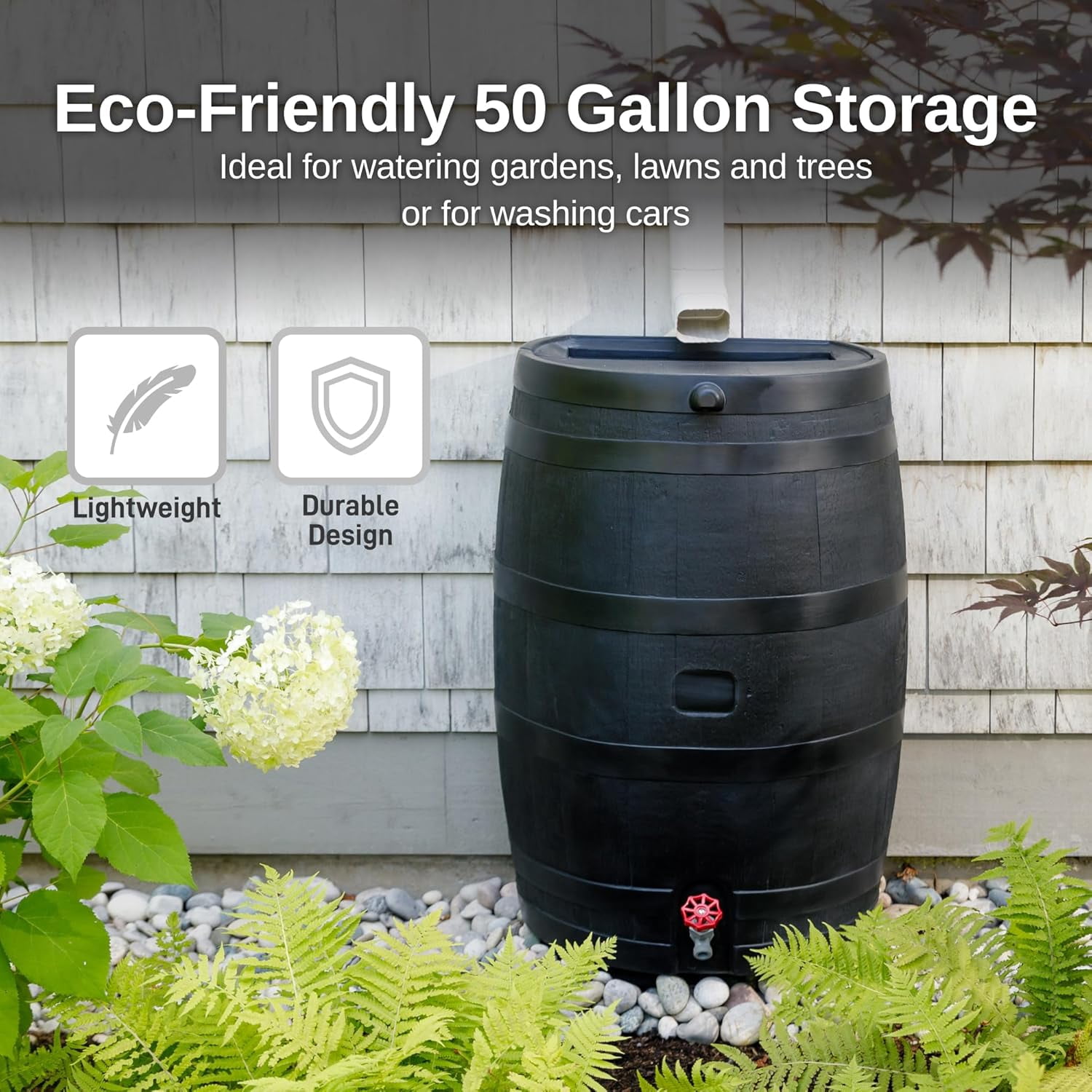RTS Home Accents 50-Gallon ECO Rain Barrel, 100% Recycled Plastic Flat Back Rain Water Collection Barrel, Black