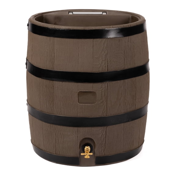 RTS Home Accents Polyethylene 35 Gallon Round Rain Barrel with Planter, Woodgrain with Black Stripes Color