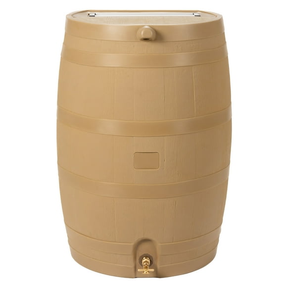 RTS Home Accents Polyethylene 50 Gallon Flat Back Brass Spigot Rain Barrel, Oak Color