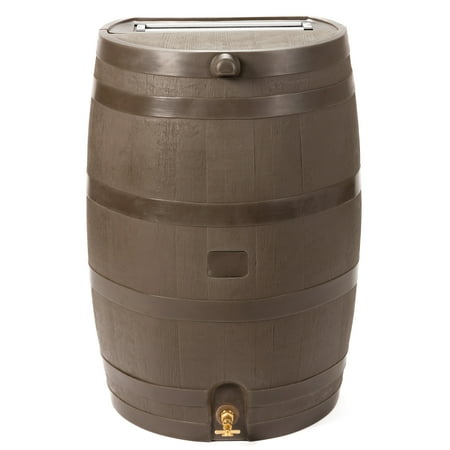 RTS Home Accents Polyethylene 50 Gallon Flat Back Brass Spigot Rain Barrel, Walnut Color