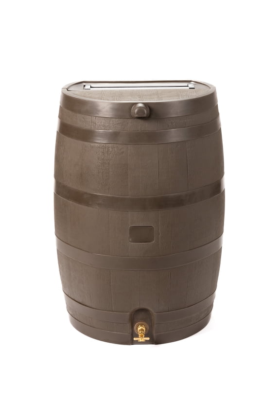 Polyethylene 50 Gallon Flat Back Brass Spigot Rain Barrel, Walnut Color