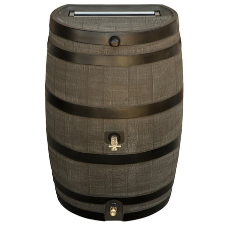 RTS Home Accents Polyethylene 50 Gallon Flat Back Dual Brass Spigot Rain Barrel, Woodgrain with Black Stripes Color