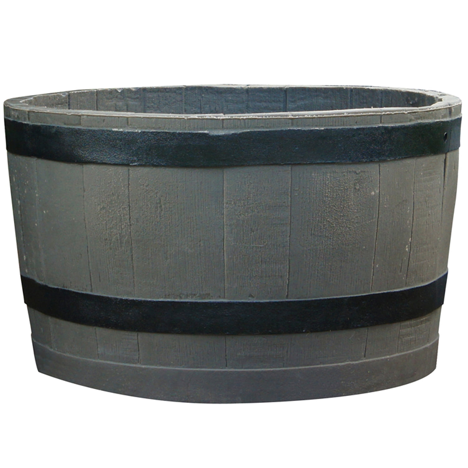 Rustic Gray Polyethylene Whiskey Barrel Planter with Black Stripes