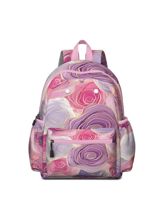 School Bags Pink Rose Gold Flowers Bags with Double Zipper Sliders