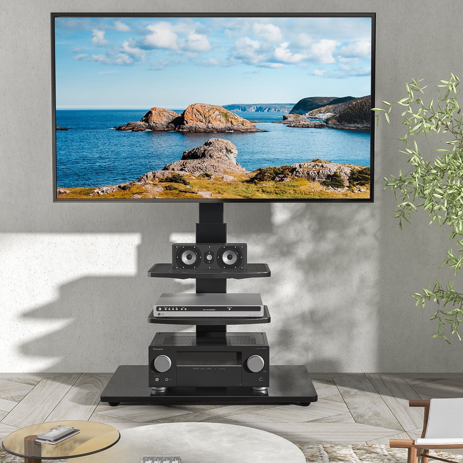 RTVR Modern Floor TV Stand with Mount for 32-70 inch Flat Screens, Black Swivel TV Stand with 2 Adjustable Shelves