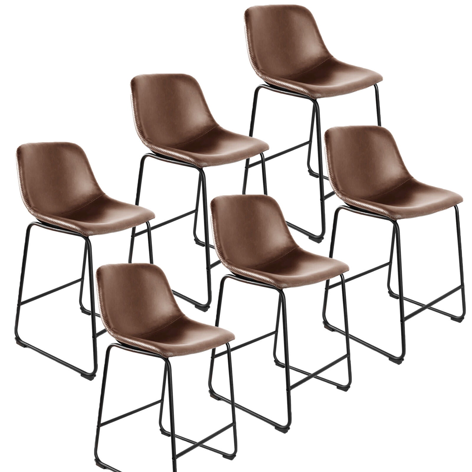 RTVR Counter Height Bar Stools Set of 6, Dining Chairs for Home Kitchen Island, Support 500 lbs,Counter Stool with Back, Modern Faux Leather Barstools with Metal Legs and Footrest,Brown