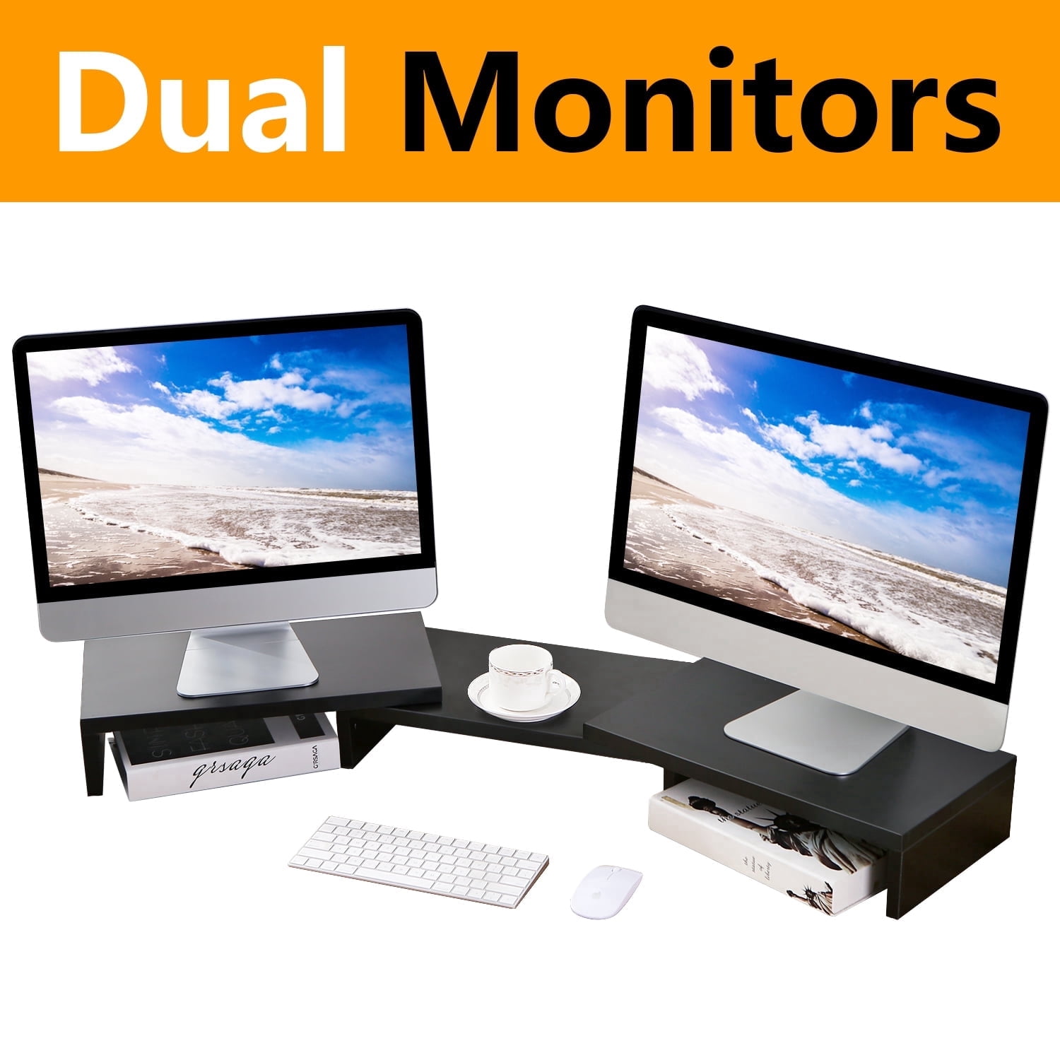 RTVR Dual Monitor Stand Riser Office Desktop Organizer Stand for 2 Monitors, Adjustable Length & Angle 3 Shelf Extra Long for TV Computer Laptop Black