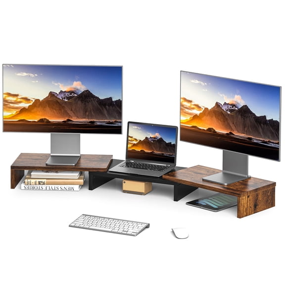 RTVR Dual Monitor Stand Riser Office Desktop Organizer Stand for 2 Monitors, Adjustable Length & Angle 3 Shelf Extra Long for TV Computer Laptop, Brown