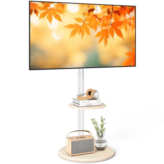 RTVR Mobile Floor TV Stand with Round Wooden Base for 32-65 inch Screens, Portable Swivel Tilt Adjustable TV Cart, Oak