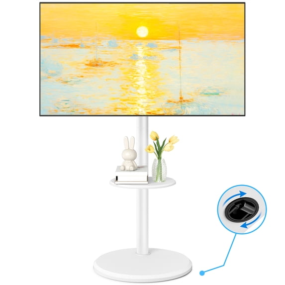 RTVR Mobile Floor TV Stand with Round Wooden Base for 32-65 inch Screens, Portable Swivel Tilt Adjustable TV Cart, White