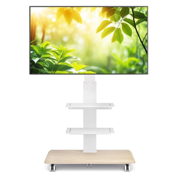 RTVR Swivel Rolling TV Stand, Height Adjustable Mobile TV Cart for 40-75 Inch Flat/Curved TVs, Height Adjustable Corner Floor TV Stand for Bedroom, Living Room, Home Office, White