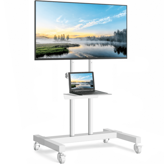 RTVR Mobile Rolling TV Stand on Wheels for 32-83 Inch Screens, White Adjustable Portable TV Cart up to 110lbs