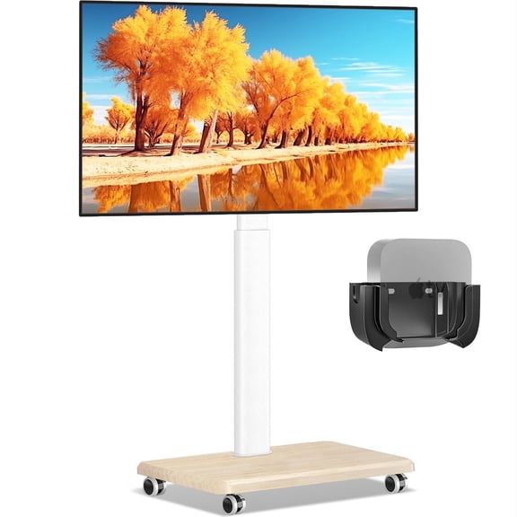 RTVR Modern Rolling TV Stand for 32 to 70 inch Screens, White Floor Portable TV Stand with Wooden Base