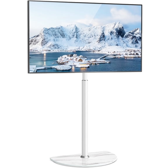 RTVR Floor TV Mount Stand for 32-65 inch Flat Screens, Swivel Adjustable Corner TV Stand with Semi-Circular Marble Pattern Base, White