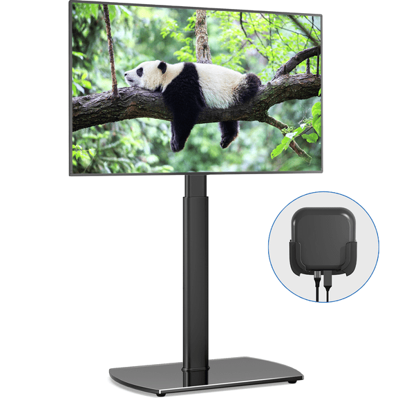 RTVR Modern Floor TV Stand for 26 to 65 inch Flat Curved Screens, Black Apple TV Roku Ultra Mount for Bedroom