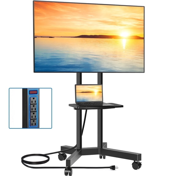 RTVR Modern Rolling TV Cart Stand on Wheels for TVs up to 75 inch, Swivel Mount Mobile Stand Base Black Shelf w/ Power Outlet