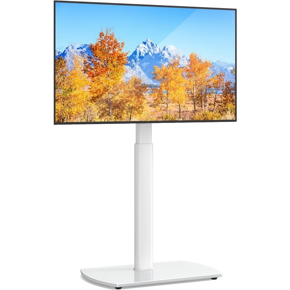 RTVR Modern Swivel Floor TV Stand for 27 to 70 inch Flat Curved Screens, Glass Base with Apple TV Roku Ultra Mount, White