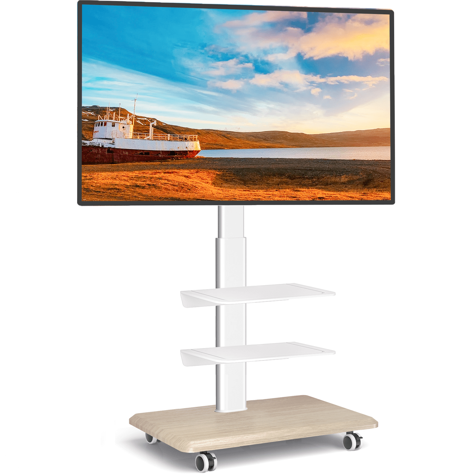 RTVR Modern Swivel Rolling TV Stand  for 40-75 inch Screens, Adjustable Portable Floor TV Stand for Indoor Outdoor, White