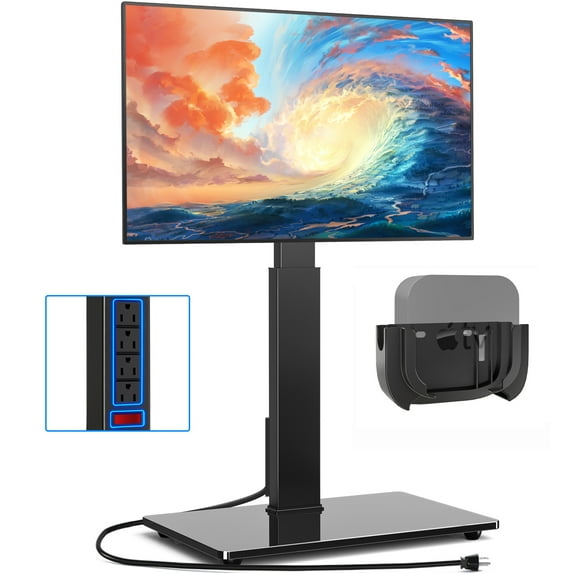 RTVR Modern Tall Floor TV Swivel Stand for Screens up to 70 inch, with Power Strip Surge Protector Apple TV Roku Ultra Mount