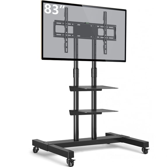 RTVR Rolling Mobile TV Cart Stand on Wheels for 32 to 83 inch TVs, with 2 Adjustable Storage Shelves, Max VESA 600x400mm