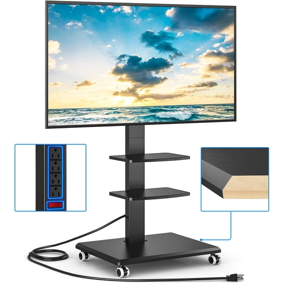 RTVR Rolling Mobile TV Stand with Swivel Mount & Power Strip for 32"-75" TVs up to 110 lbs, Height Adjustable 2 Shelves Black