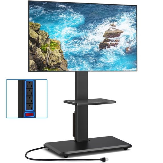 RTVR Floor TV Stand with Swivel Mount & Power Strip for 32"-75" TVs up to 110 lbs, Height Adjustable Shelf Black