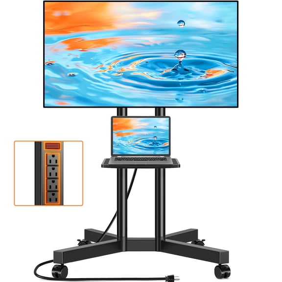 RTVR Rolling TV Cart Stand on Wheels for 32 to 75 inch TVs, Swivel Mount Mobile Base Stand with Power Outlet Black Shelf