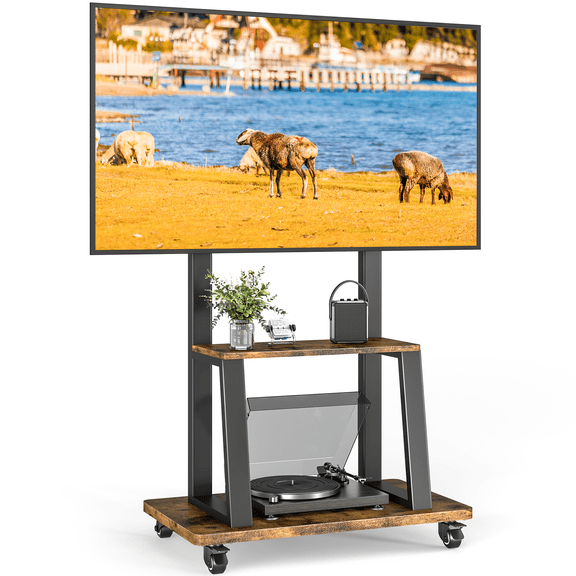 RTVR Mobile TV Stand on Wheels for 37-75 inch Flat Curved Screen, Height Adjustable Rolling TV Cart with Reinforced Storage Shelves up to 150 lbs
