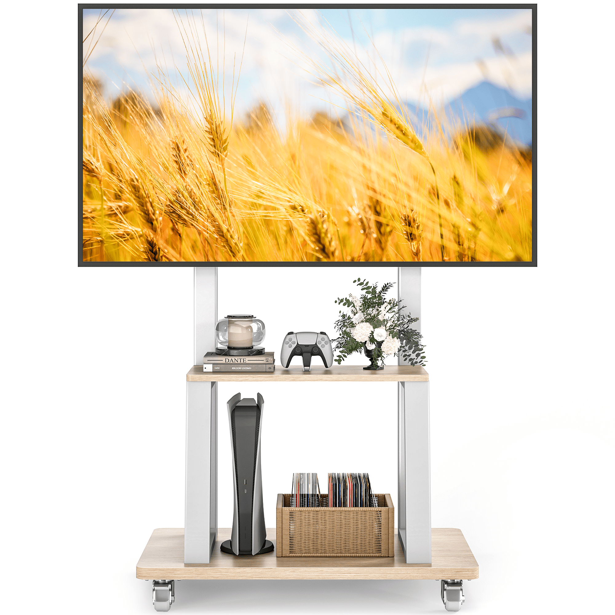 RTVR Rolling TV Stand on Wheels for 37-75 inch Screens with Storage Shelves, Portable Mobile TV Cart Height Adjustable Mount Max 150 lbs, White