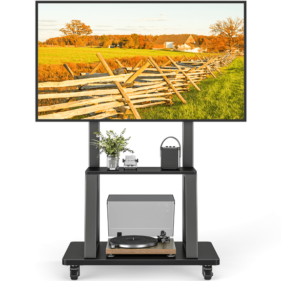 RTVR Rolling TV Stand with Wheels for 37-75 inch Screens, Portable Mobile TV Cart Height Adjustable Mount with Storage Shelves, Max 150 lbs, Black