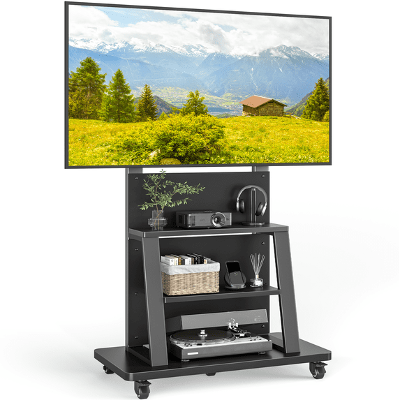 RTVR Rolling TV Cart Stand on Wheels for 40-86 inch TVs with Storage Shelves, Reinforced Wide Base up to 200lbs, Black