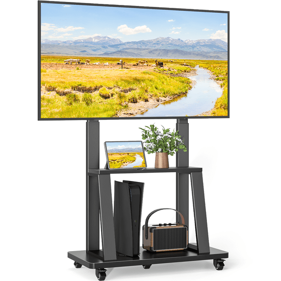 RTVR Rolling TV Cart Stand on Wheels for 40-86 inch TVs with Storage Shelves, Reinforced Wide Base up to 200lbs, Black