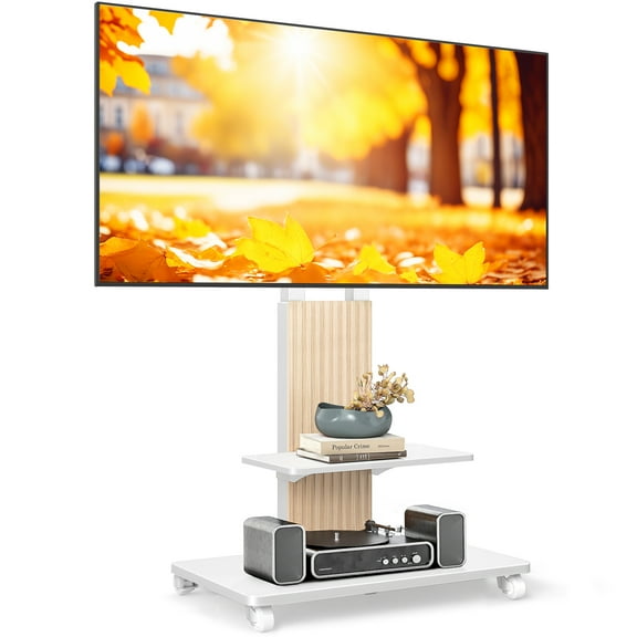 RTVR Rolling TV Cart Stand with Mount for 55 to 90 inch Screens, Heavy Duty Conner TV Stand with Shelves, White