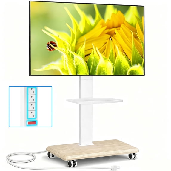 RTVR Rolling TV Stand with Power Outlet for Home Decor,Strong Tall Mobile TV Cart with Mount Up to 88 lbs,Height Adjustable Portable TV Stand on Wheels for 32-75 inch TVs, White