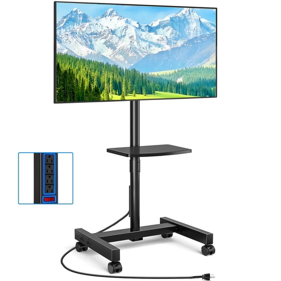 RTVR Rolling TV Stand for 13-50 inch Screens, Height Adjustable Mobile TV Cart with Shelves for Office/Home, with 4-Outlet Surge Protector