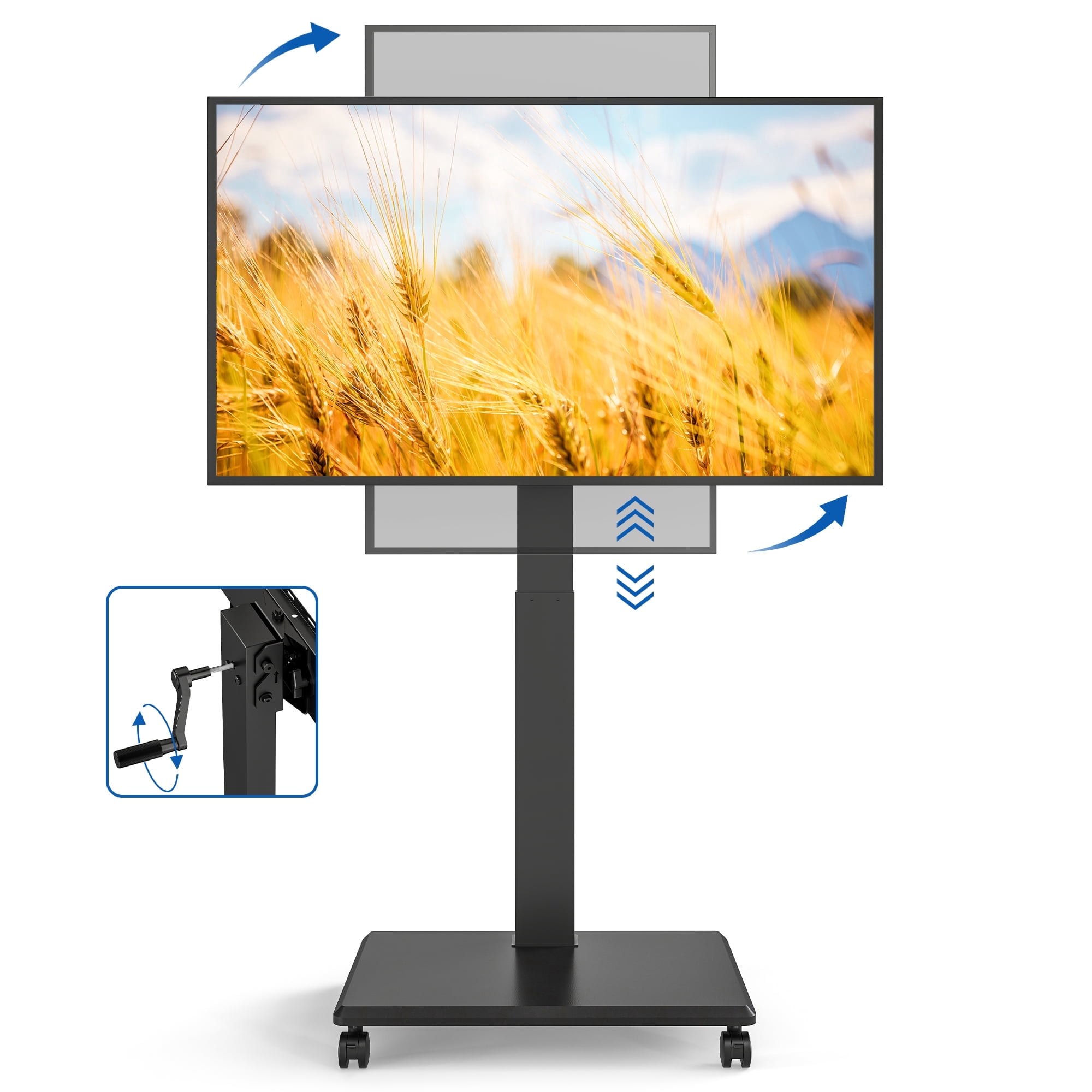 RTVR Mobile TV Cart Stand with Hand Crank Lift for 42-75 inch Screens, ±90° Rotation and ±5° Tilt Height Adjustable Swivel TV Stand with Wheels, Black