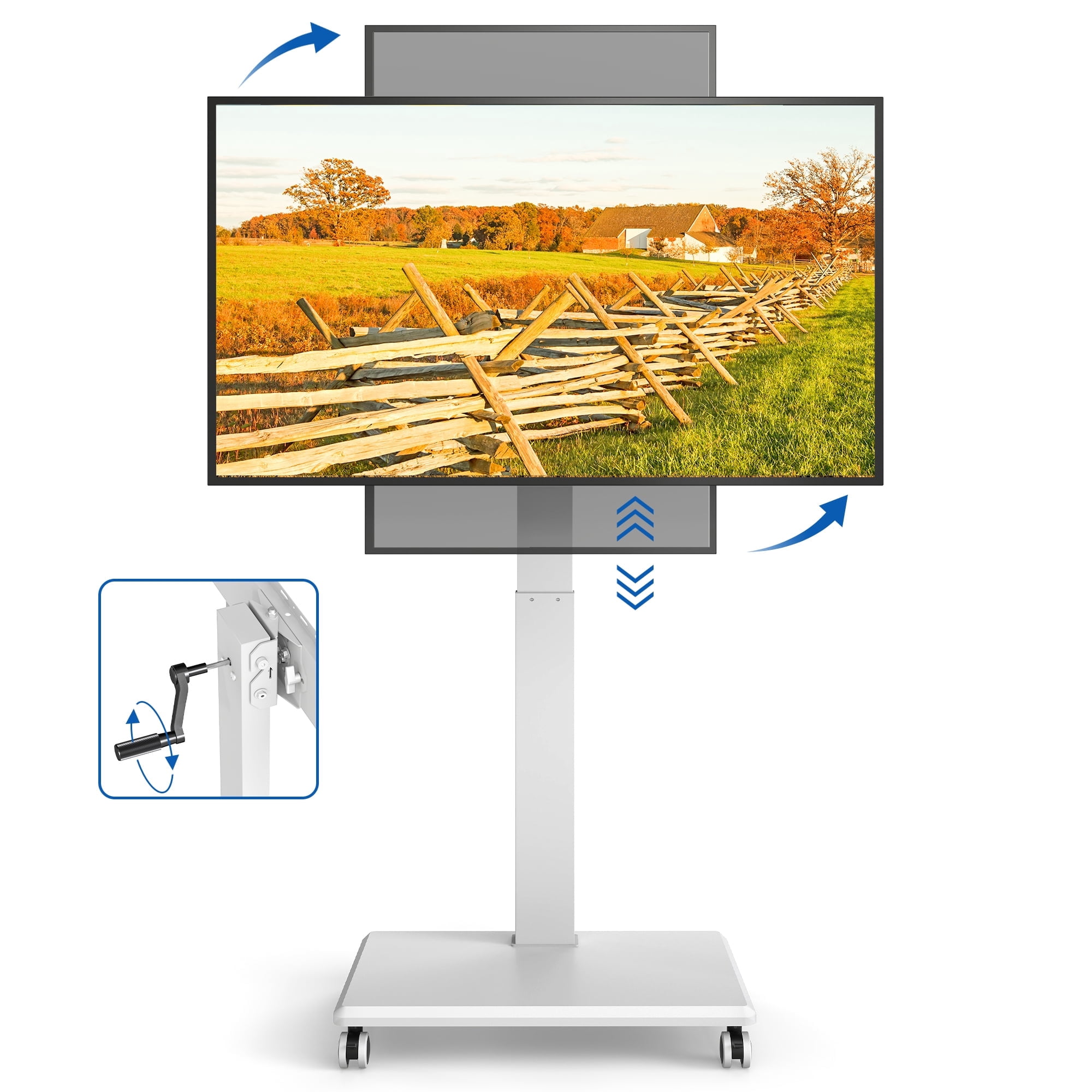 RTVR Mobile TV Cart Stand with Hand Crank Lift for 42-75 inch Screens, ±90° Rotation and ±5° Tilt Height Adjustable Swivel TV Stand with Wheels, White