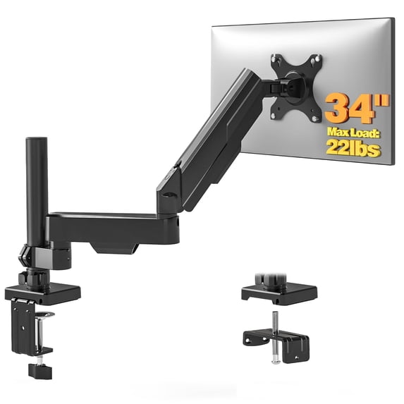 RTVR Single Monitor Arm for 17 to 34 inch Screens, Adjustable Desk Mount with Clamp and Grommet Base, Fits VESA 100x100mm, Supports up to 22 lbs