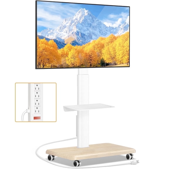 RTVR Rolling TV Stand on Wheels for 32-70 inch Screens, Portable Mobile TV Mount Stand with Power Outlet, White