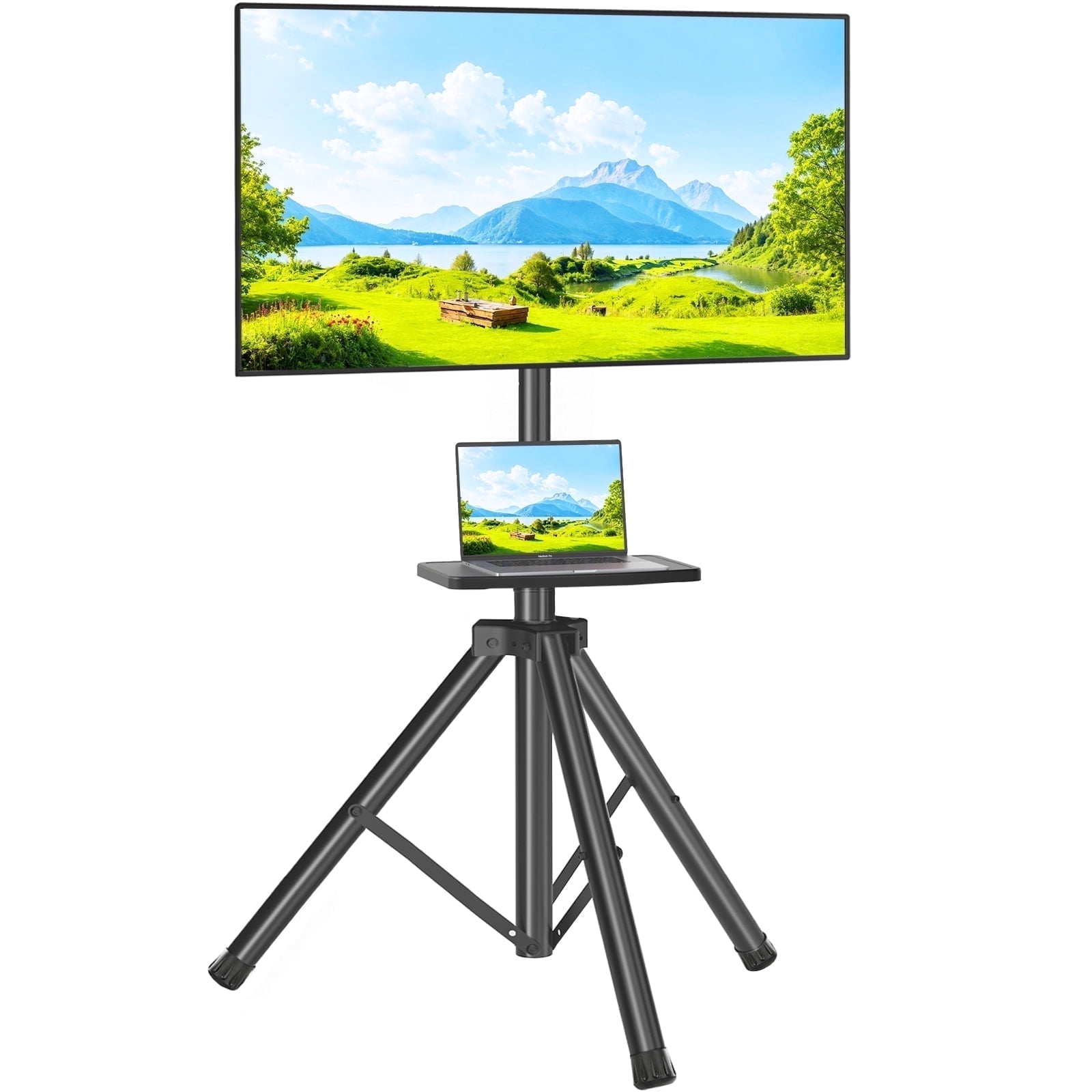 RTVR TV Tripod Stand with Mount for 23-75" TVs up to 100lbs, Height Adjustable Tilt Rotating Shelf & Non-Slip Base for Home, Max VESA 600x400mm, Black