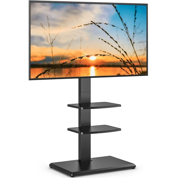 RTVR Universal Floor TV Stand with Swivel Mount for 32"-75" TVs up to 110 lbs, Height Adjustable with 2 Storage Shelves Black