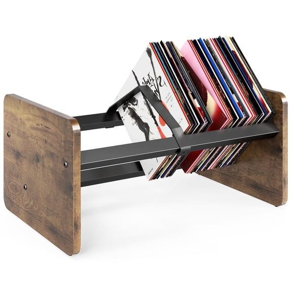 RTVR Vintage Vinyl Record Storage Stand, 80-100 Album Display Rack LPs Furniture with Movable Divider, Book Movie CD Holder Organizer Stand, Brown