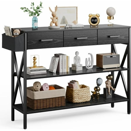 RTYJGD 47" Console Table with 3 Drawers, Industrial Entryway Table with 3 Tier Storage Shelves, Narrow Long Sofa Table for Entry Way, Hallway, Couch, Living Room, Kitchen, Black