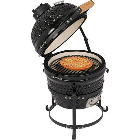 RTYJGD Ceramic Grill, 13" Round Kamado Charcoal Grill, Portable Barbecue Grill with Thermometer for Variations on Cooking Methods(Black)
