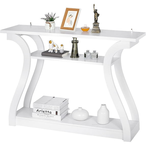 RTYJGD Console Table, 11.4"D x 47.2"W x 32.1"H Wood 3-Tier Storage, Rectangular Sofa Entryway Table with Arc Side Panels,White