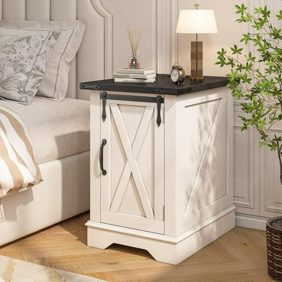 RTYJGD Nightstand with Charging Station,Farmhouse 25" End Tables with Barn DoorLarge Wood Sofa Side Table with Adjustable Storage Shelf for Bedroom,Drawing Room,Hallway,Antique White