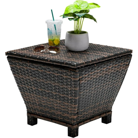 RTYJGD Outdoor Side Table, Rattan Coffee Table with Storage 13 Gallon Patio Small Deck Storage Box for Cushion Towel Books, Brown Side Table with lid