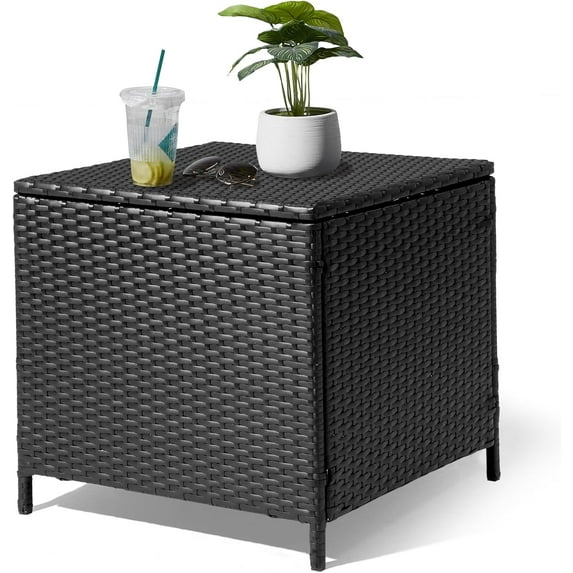 RTYJGD Outdoor Side Table, Rattan Coffee Table with Storage 27 Gallon Patio Small Deck Storage Box for Cushion Towel Books, Brown Side Table with lid
